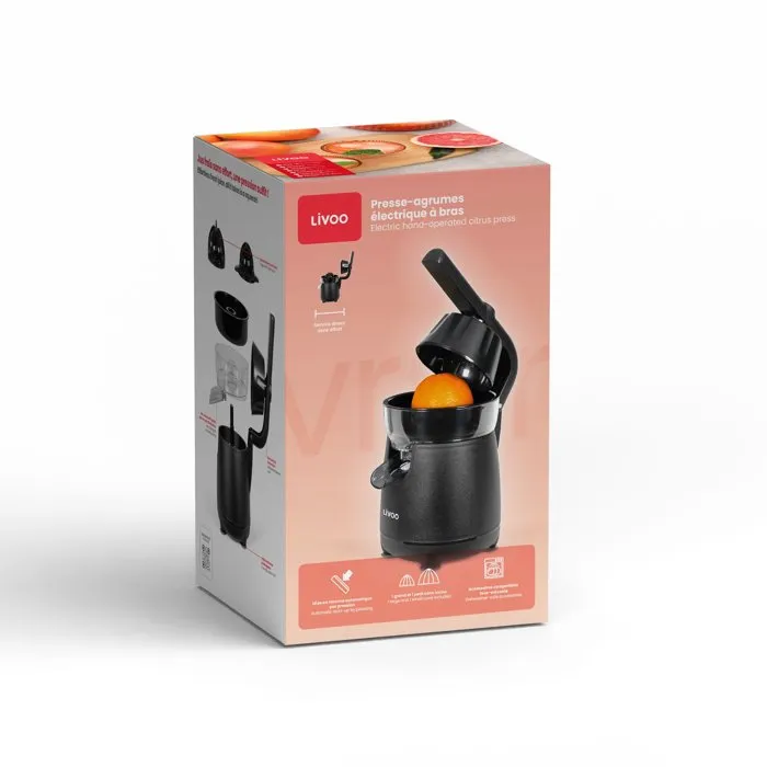 Livoo DOD211N Presse-agrumes électrique à bras, 120 W, Noir, avec grand et petit cônes, bec verseur anti-gouttes, nettoyage facile