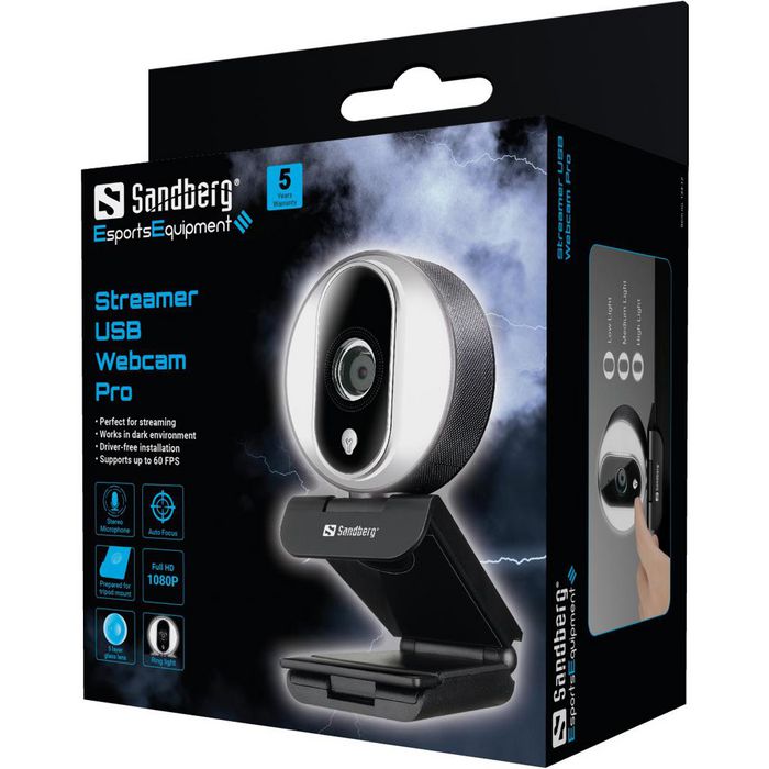 Sandberg Streamer USB Webcam Pro - Webcam pour Streaming et Appels Vidéo Full HD 1080p 60fps avec Microphone et Anneau Lumineux USB