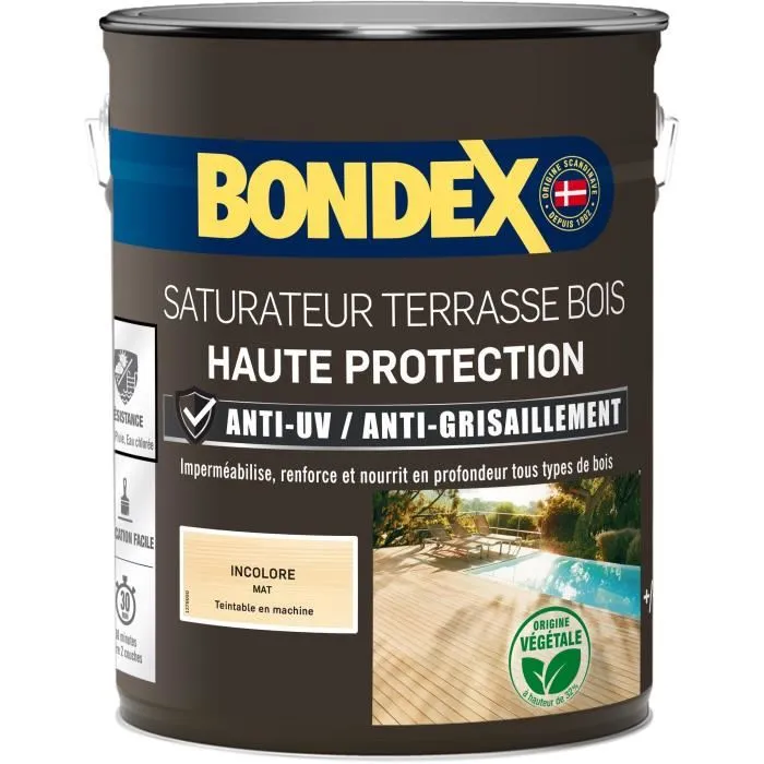 Bondex 441368 Saturateur incolore terrasse bois haute protection 2 ans, imperméabilisant anti-UV non glissant, finition mate, 5 litres Bondex 441368 Saturateur incolore terrasse bois haute protection 2 ans, imperméabilisant anti-UV non glissant, finition mate, 5 litres