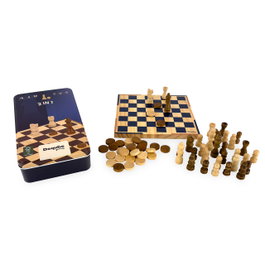 DEQUBE Jeu d'Échecs et Dames de Voyage en Bois avec Boîte Métal D00326