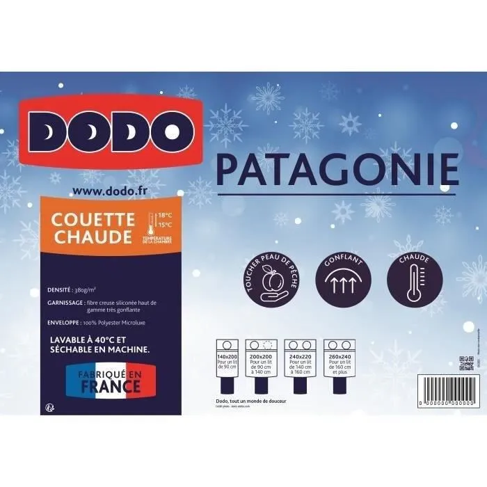 DODO Couette chaude Patagonie - 140x200 cm, Garnissage polyester fibre creuse siliconée 380g/m2, Enveloppe Microluxe