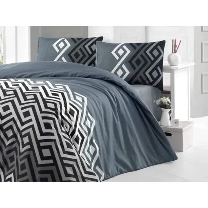 Housse de couette 240 x 220 cm + 2 taies d'oreiller 60 x 60 cm - Lot de literie King Size - Coton/Polyester - Gris, Noir et Blanc - 127 fils
