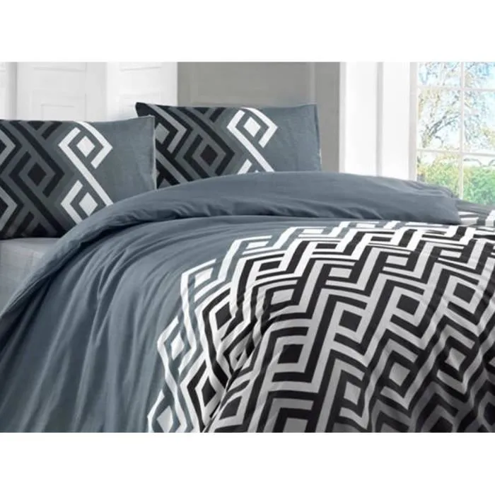 Housse de couette 240 x 220 cm + 2 taies d'oreiller 60 x 60 cm - Lot de literie King Size - Coton/Polyester - Gris, Noir et Blanc - 127 fils