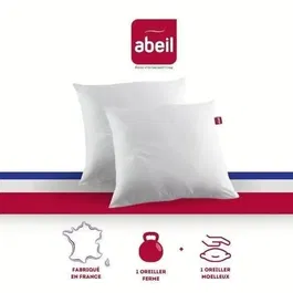 Abeil Oreillers DOUBLE CONFORT Lot de 2 - 100% Coton - 60x60 cm - Ferme (650g) et Moelleux (550g) - Certifié Oeko-Tex