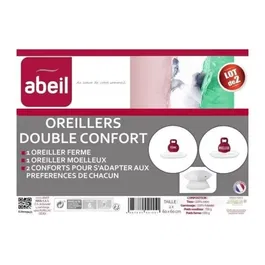 Abeil Oreillers DOUBLE CONFORT Lot de 2 - 100% Coton - 60x60 cm - Ferme (650g) et Moelleux (550g) - Certifié Oeko-Tex