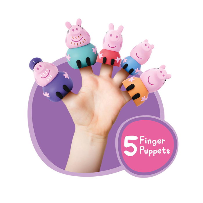 Deqube - Livre de bain interactif Peppa Pig avec 5 marionnettes de doigt - 10 illustrations, histoire familiale à la plage - Multilingue - À partir de 12 mois