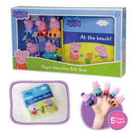 Deqube - Livre de bain interactif Peppa Pig avec 5 marionnettes de doigt - 10 illustrations, histoire familiale à la plage - Multilingue - À partir de 12 mois