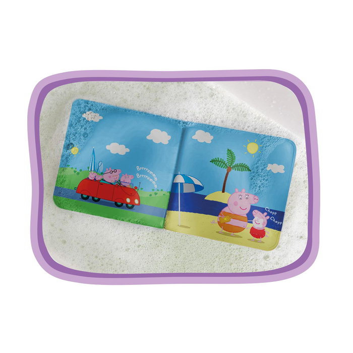Deqube - Livre de bain interactif Peppa Pig avec 5 marionnettes de doigt - 10 illustrations, histoire familiale à la plage - Multilingue - À partir de 12 mois