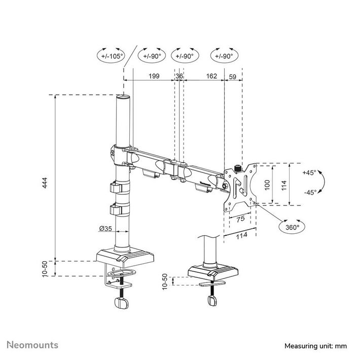 Neomounts DS60-600BL1 Support de Bureau à Bras Articulé pour Écran PC 10-32" - Capacité 8 kg, Pivot 180°, Rotation 360°, VESA 100x100 mm, Noir