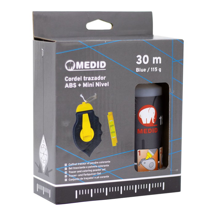 Medid Cordel traceur abs 30 m avec poudre colorante bleue et mini niveau Medid Cordel traceur abs 30 m avec poudre colorante bleue et mini niveau