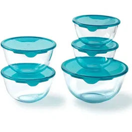 Pyrex - Lot de 5 jattes en verre avec couvercles - 2x 0,5L + 1x 1L + 2x 2L - Résistantes aux chocs thermiques, sans BPA, pour congélation et four