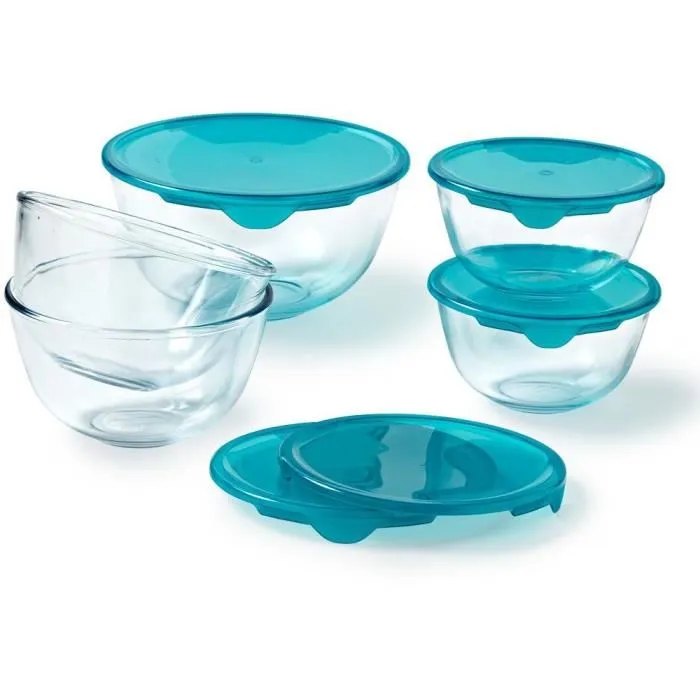 Pyrex - Lot de 5 jattes en verre avec couvercles - 2x 0,5L + 1x 1L + 2x 2L - Résistantes aux chocs thermiques, sans BPA, pour congélation et four