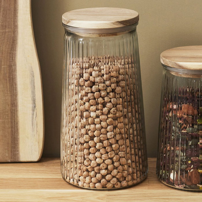 Home Deco Factory Bocal en verre cannelé avec couvercle en acacia 1,3 L Home Deco Factory Bocal en verre cannelé avec couvercle en acacia 1,3 L