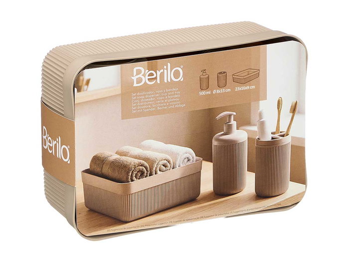 BERILO Set Distributeur de Toilettes avec Verre et Plateau Rayures Beige
