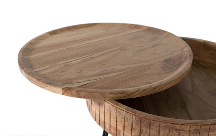 GINER Y COLOMER Table basse ronde en bois de manguier avec plateau coulissant et base en fer noir - Design avec rangement intégré GINER Y COLOMER Table basse ronde en bois de manguier avec plateau coulissant et base en fer noir - Design avec rangement intégré