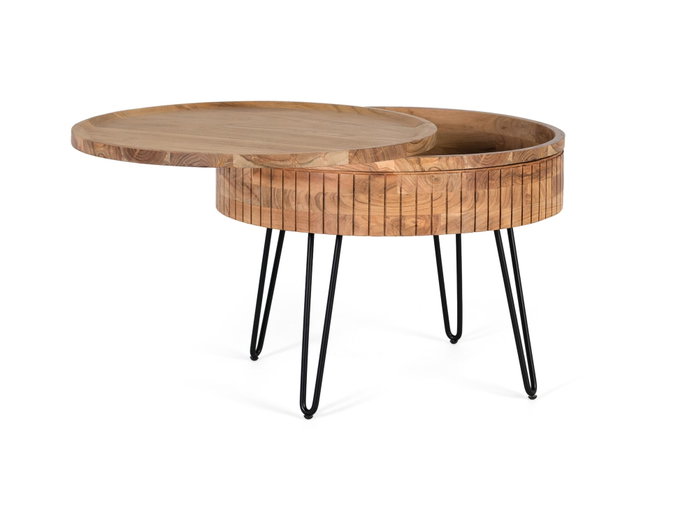 GINER Y COLOMER Table basse ronde en bois de manguier avec plateau coulissant et base en fer noir - Design avec rangement intégré GINER Y COLOMER Table basse ronde en bois de manguier avec plateau coulissant et base en fer noir - Design avec rangement intégré