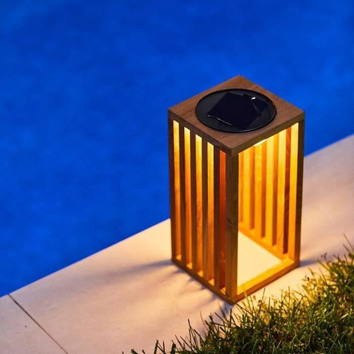 Lumisky CHENNAI Lanterne solaire en bois de teck massif, LED blanc chaud, Marron foncé