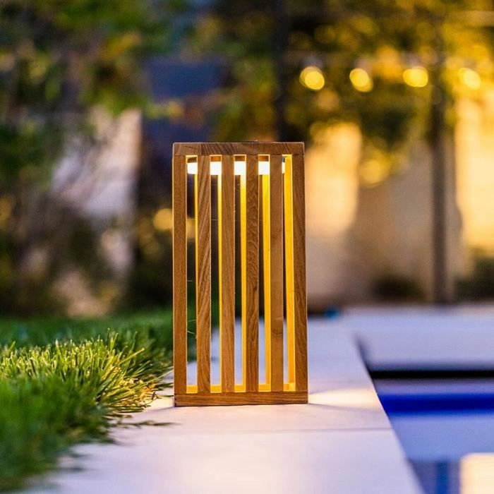 Lumisky CHENNAI Lanterne solaire en bois de teck massif, LED blanc chaud, Marron foncé