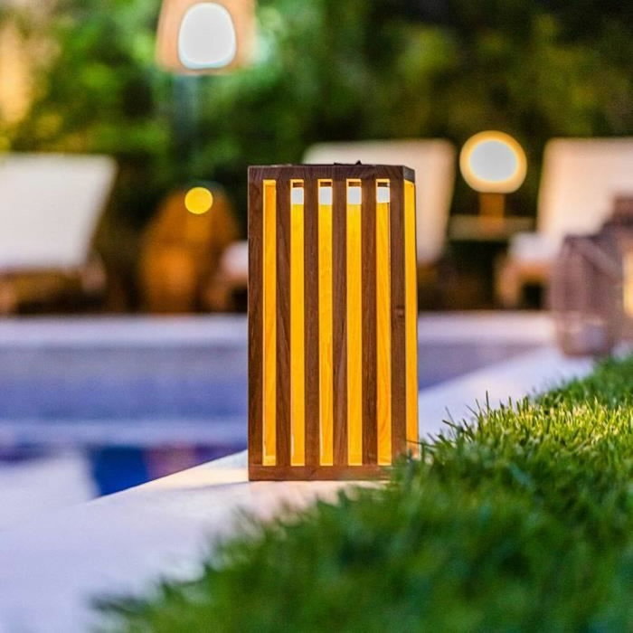 Lumisky CHENNAI Lanterne solaire en bois de teck massif, LED blanc chaud, Marron foncé