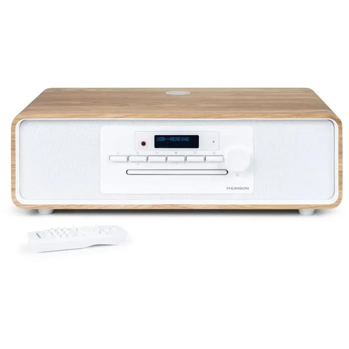 Thomson Micro-chaîne Hi-Fi Bluetooth 75W Blanc Bois - Radio FM/DAB+ CD MP3 USB AUX-IN Égaliseur LCD Télécommande