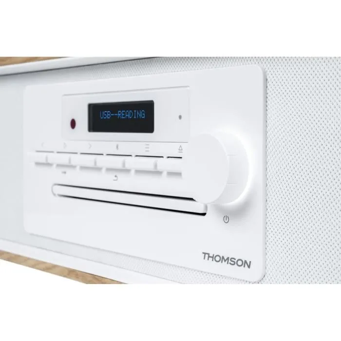 Thomson Micro-chaîne Hi-Fi Bluetooth 75W Blanc Bois - Radio FM/DAB+ CD MP3 USB AUX-IN Égaliseur LCD Télécommande