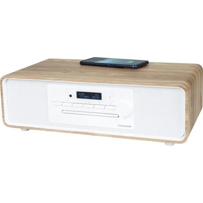 Thomson Micro-chaîne Hi-Fi Bluetooth 75W Blanc Bois - Radio FM/DAB+ CD MP3 USB AUX-IN Égaliseur LCD Télécommande