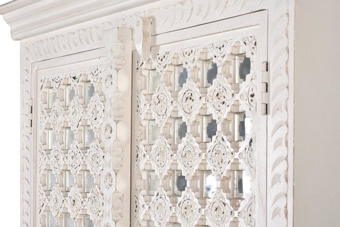 GINER Y COLOMER - Armoire en bois de manguier blanc avec style géométrique, incrustations et miroir, 2 portes, 3 étagères intérieures