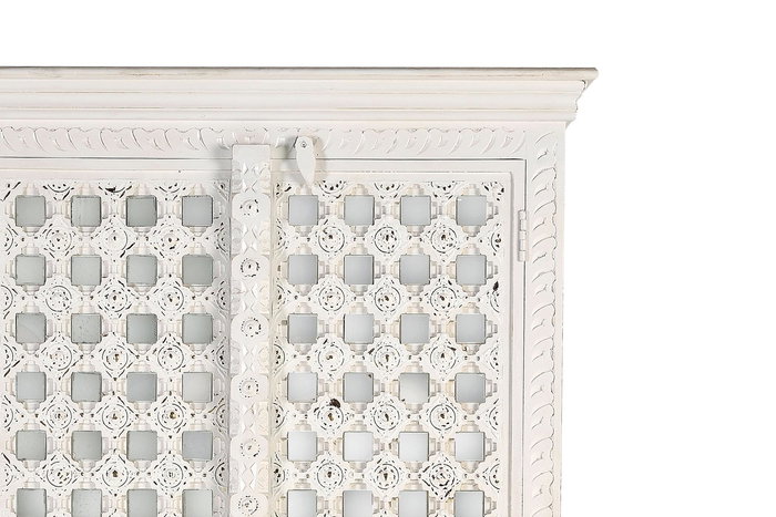 GINER Y COLOMER - Armoire en bois de manguier blanc avec style géométrique, incrustations et miroir, 2 portes, 3 étagères intérieures