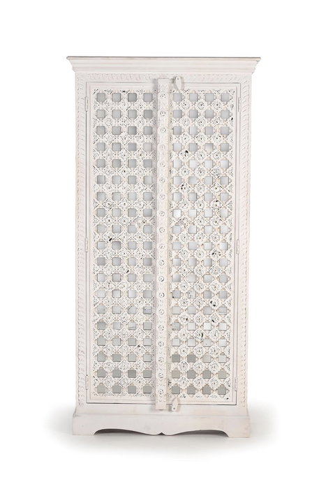 GINER Y COLOMER - Armoire en bois de manguier blanc avec style géométrique, incrustations et miroir, 2 portes, 3 étagères intérieures