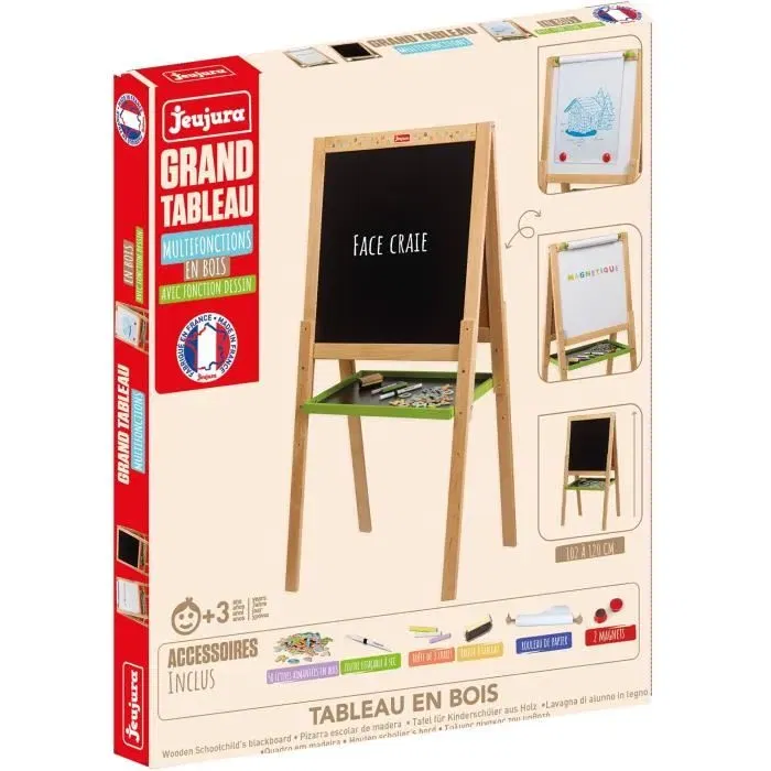 Jeujura Tableau multifonctions en bois avec ardoise à craie et face blanche magnétique, pour enfants à partir de 3 ans, dimensions 54 x 54 cm