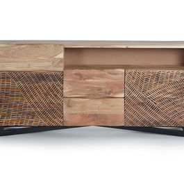 GINER Y COLOMER Buffet en bois d'acacia et métal, 2 portes et 3 tiroirs, couleur naturel et noir, buffet rustique avec pattes métal et sculptures manuelles