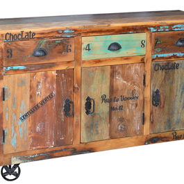GINER Y COLOMER Buffet en Bois Recyclé Multicolor avec 3 Tiroirs et 3 Portes, Roulettes en Fer - 140 x 86 x 40 cm