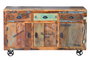 GINER Y COLOMER Buffet en Bois Recyclé Multicolor avec 3 Tiroirs et 3 Portes, Roulettes en Fer - 140 x 86 x 40 cm
