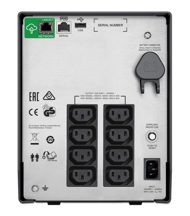 APC Smart-UPS 1000VA/600W, Onduleur de secours avec sortie pure sine wave, Régulation de tension automatique, Ports USB et Ethernet SmartConnect APC Smart-UPS 1000VA/600W, Onduleur de secours avec sortie pure sine wave, Régulation de tension automatique, Ports USB et Ethernet SmartConnect