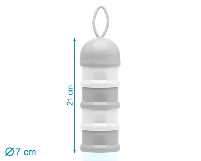 KioKids Doseur à lait en poudre tour 4 compartiments 340 ml avec fermeture à vis et bec verseur, pour biberon et sucette, couleur gris, polypropylène KioKids Doseur à lait en poudre tour 4 compartiments 340 ml avec fermeture à vis et bec verseur, pour biberon et sucette, couleur gris, polypropylène