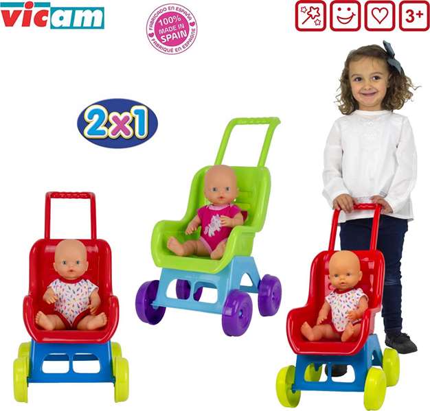 Vicam - Silla mas muñeca vinilo 35 cm 2x1 - Modèles surtidos - Série de 2 poupées en vinyle de 35 cm - Jeu de figurines - Jouet pour enfants 3 à 7 ans