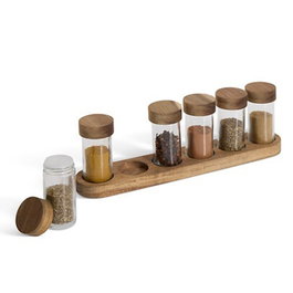 5Five Ensemble de 6 bocaux à épices en verre et plateau en acacia