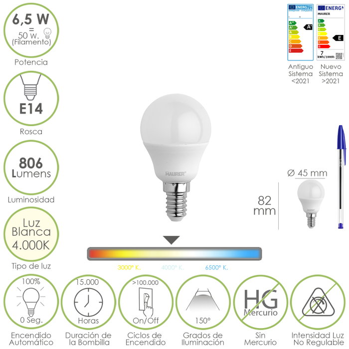 MAURER Ampoule LED Sphérique E14 6.5W 4000K MAURER Ampoule LED Sphérique E14 6.5W 4000K