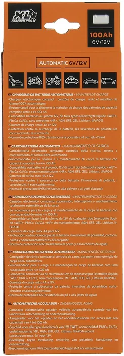 Xl Perform Tools XLPT - Chargeur de batterie de voiture 12V 6V 70W 4A avec mode mémoire (Supply), protection IP65, câble 3 m - Compatible AGM, GEL, Lithium, affichage numérique