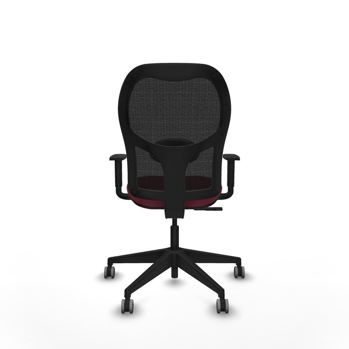 Chaise Alocén Synchro 3 positions tissu Bordeaux Maille Noir Base pyramidale noire Accoudoir 1D Sans appui-tête Roulettes 65mm pour moquette