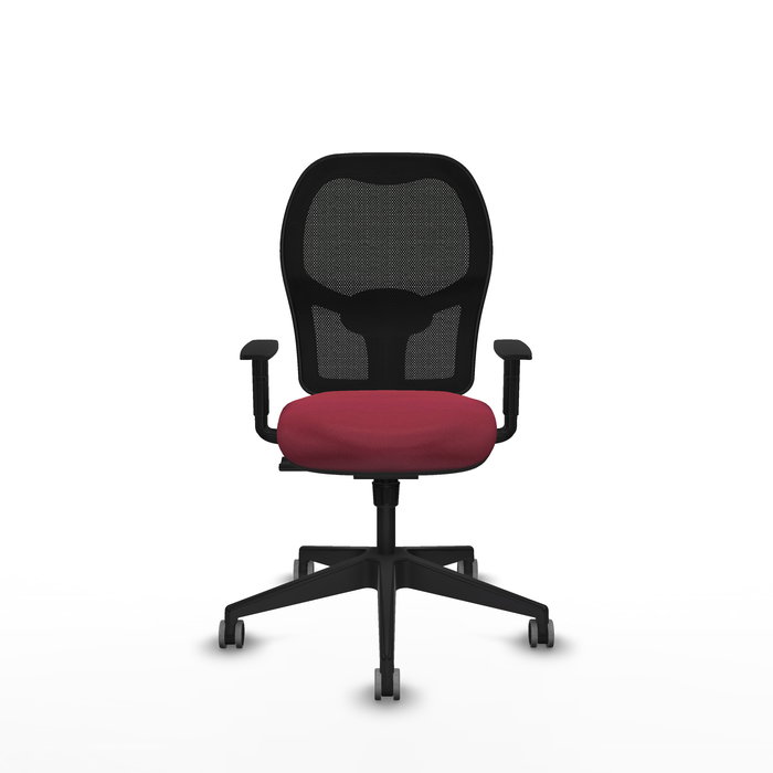 Chaise Alocén Synchro 3 positions tissu Bordeaux Maille Noir Base pyramidale noire Accoudoir 1D Sans appui-tête Roulettes 65mm pour moquette
