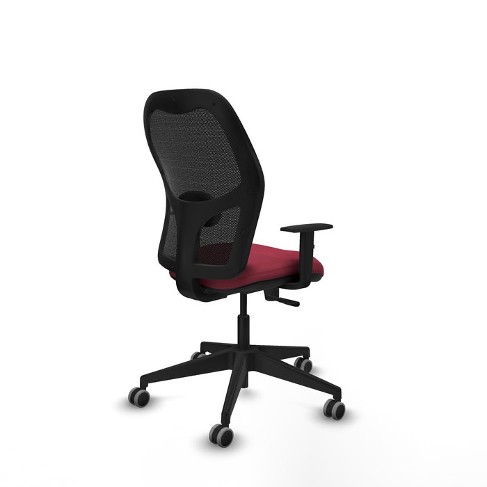 Chaise Alocén Synchro 3 positions tissu Bordeaux Maille Noir Base pyramidale noire Accoudoir 1D Sans appui-tête Roulettes 65mm pour moquette
