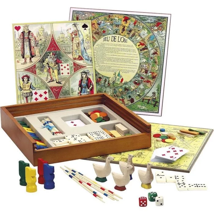 L'Arbre A Jouer - Mon Coffret de Jeux traditionnel en Bois avec Petits Chevaux, Oie, Moulin, Échelles, Nain Jaune, Mikado, Dominos et 54 Cartes