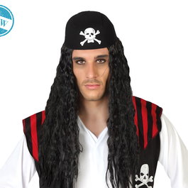 Perruque Pirate Longue Noire avec Foulard à Tête de Mort - Costume Carnaval, Fête Déguisée