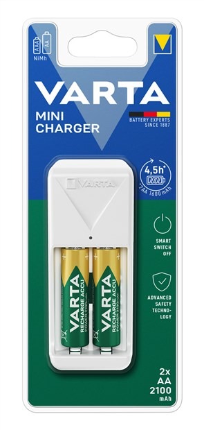 Varta 57656101451 Chargeur de piles avec 2 piles AA/AAA + 2x Accu Power AA 2100 mAh, charge lente, sécurité complète, LED, 100-240V