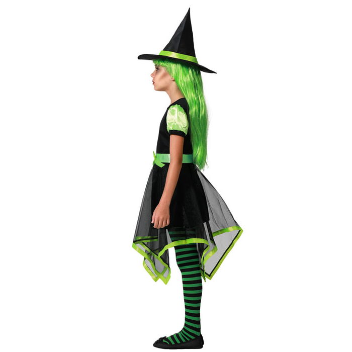 Déguisement Enfant Fille Sorcière Halloween, Robe Courte Verte, Jupe Asymétrique et Chapeau Pointu Taille 7-9 Ans, Polyester