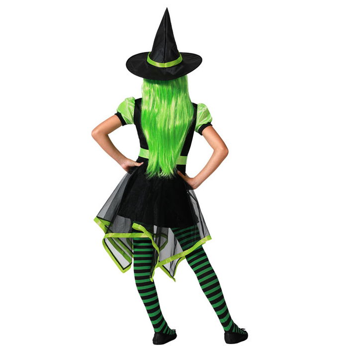 Déguisement Enfant Fille Sorcière Halloween, Robe Courte Verte, Jupe Asymétrique et Chapeau Pointu Taille 7-9 Ans, Polyester