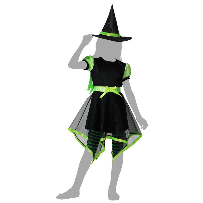 Déguisement Enfant Fille Sorcière Halloween, Robe Courte Verte, Jupe Asymétrique et Chapeau Pointu Taille 7-9 Ans, Polyester