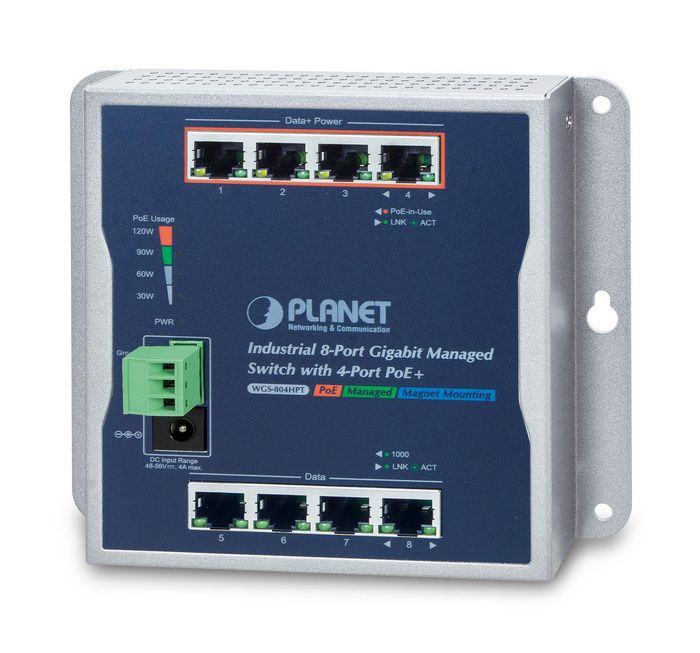 Planet WGS-804HPT - Commutateur réseau managé industriel mural 8 ports Gigabit avec 4 ports PoE+, 16 Gbit/s, IP30, -40 à 75°C Planet WGS-804HPT - Commutateur réseau managé industriel mural 8 ports Gigabit avec 4 ports PoE+, 16 Gbit/s, IP30, -40 à 75°C