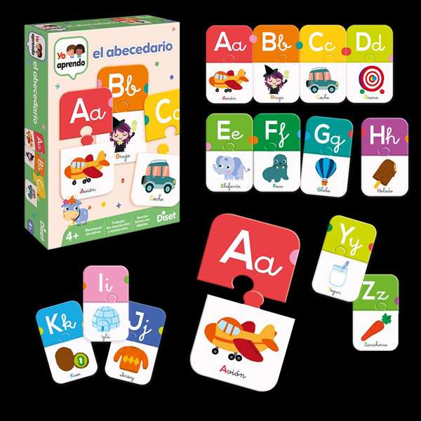 Diset - Jeu éducatif l'Alphabet, Puzzles lettres A à Z, 27 puzzles de 2 pièces, Langue espagnol, À partir de 4 ans